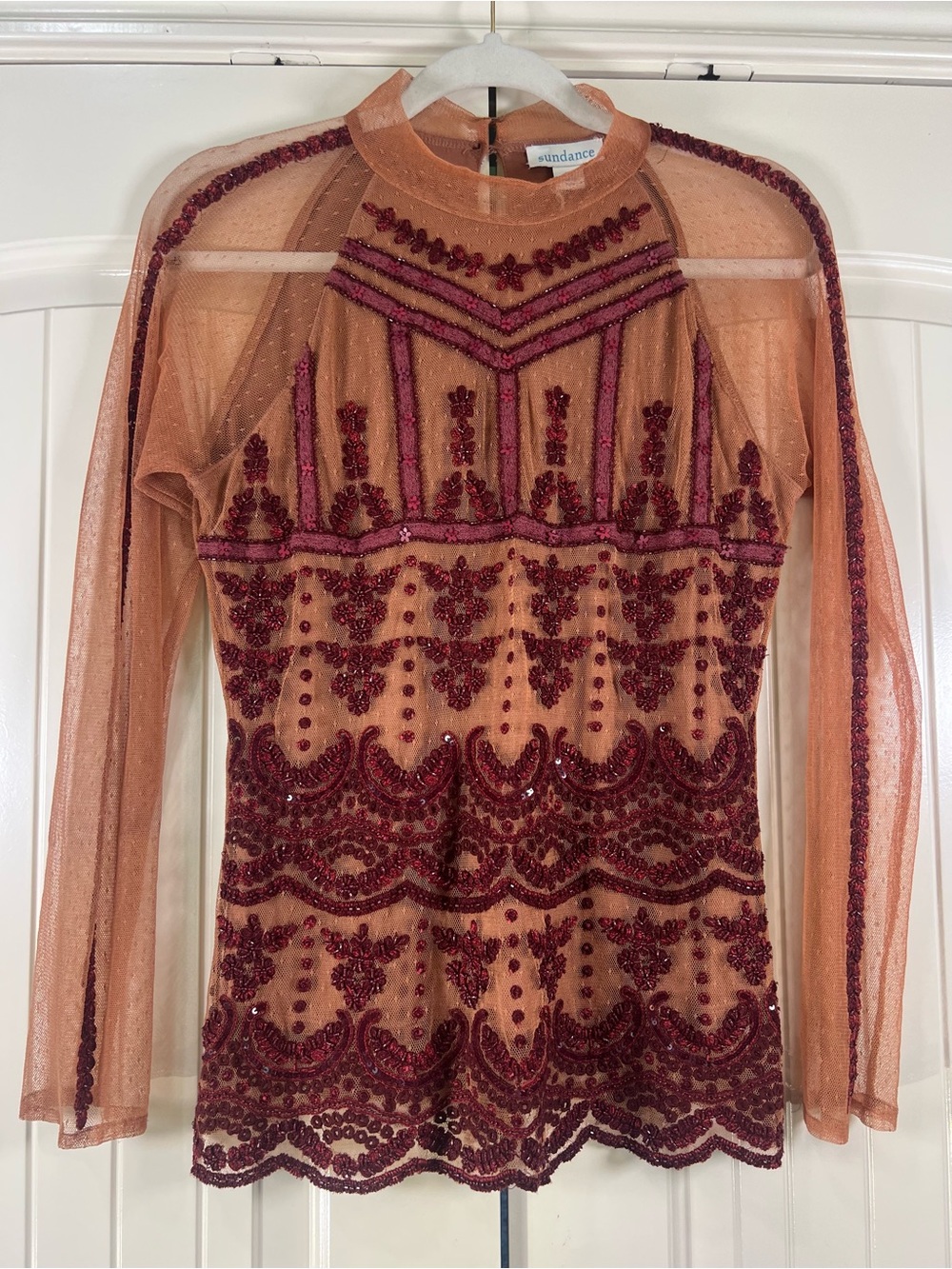 Sundance Jourdan Beaded Embroidered Mesh Blouse Sheer Wine/Red NWT XS